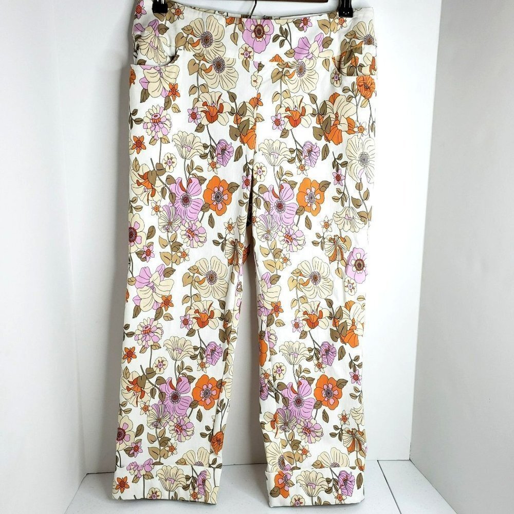 WOMENS floral crop stretch pull on pants white purple orange mid rise cato sz 8